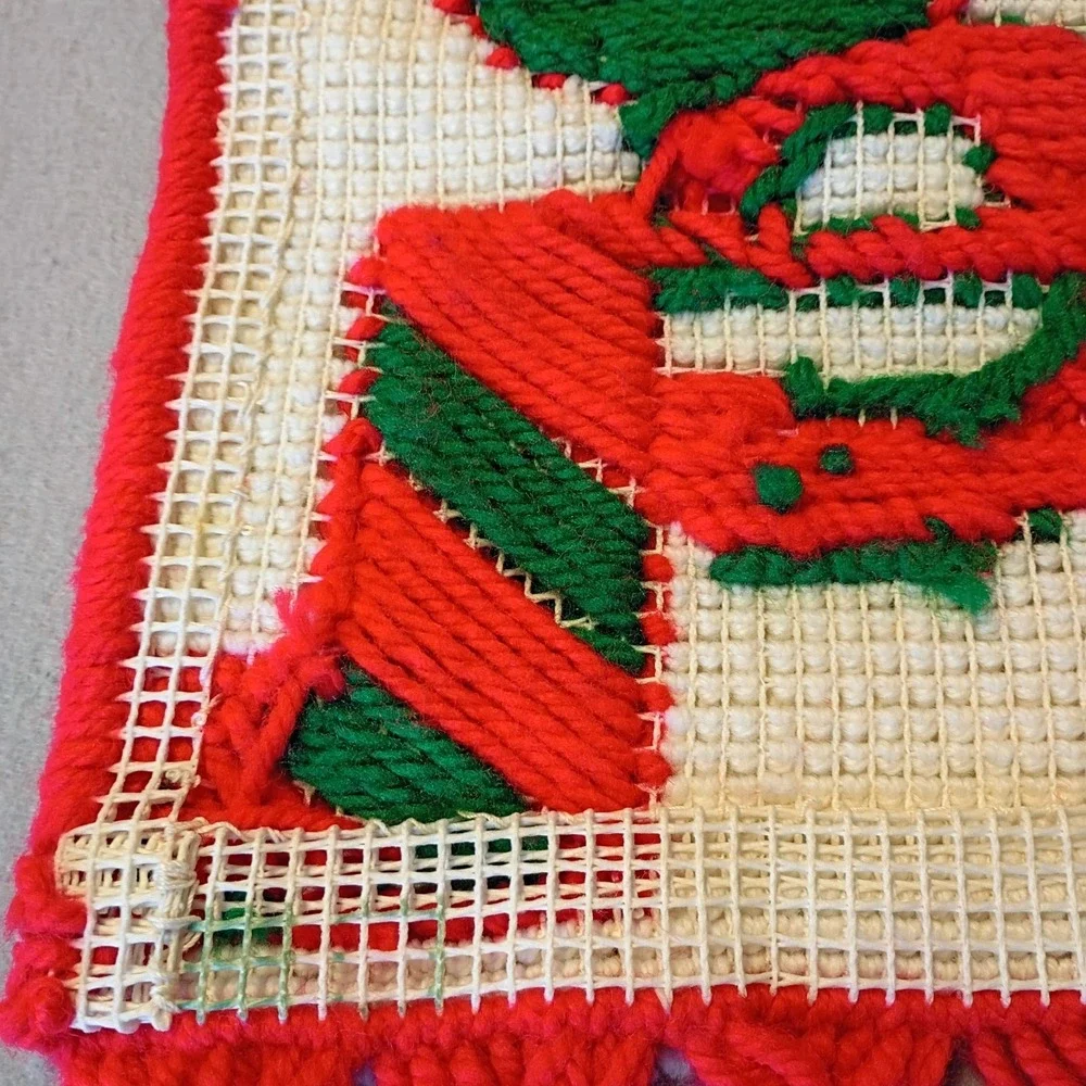 VTG‎ MCM Latch Hook Wall Hanging Art Tapestry Christmas Noel Rug 29x11 Grandma